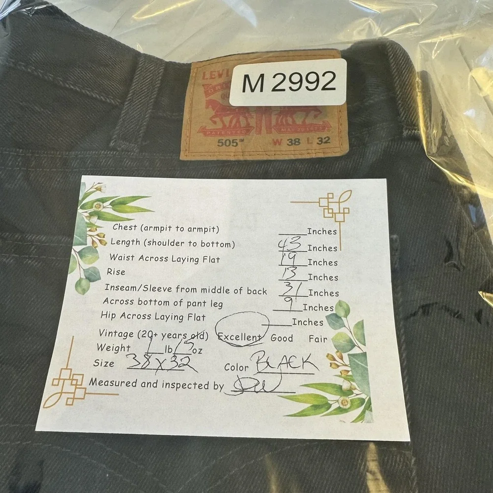 Levis 505 Jeans Mens 38x32 Black Regular Fit Straight Leg Denim Zip Fly
